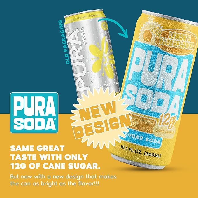 PuraSoda® Lemon &amp Elderflower | 65 Calories &amp 12g Pure Cane Sugar per Can | Non-GMO Vegan | Made with Pure Cane Sugar Clean &amp Refreshing | 10 fl oz (300ml) Cans Pack of 24
