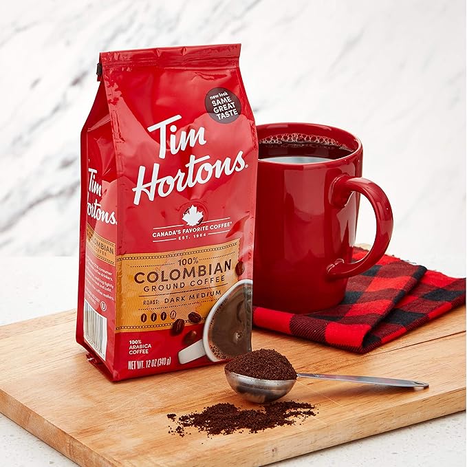 Tim Hortons Colombian Medium-Dark Roast Ground Coffee Perfectly Balanced Always Smooth Made with 100% Arabica Beans 12 Ounce (Pack of 6)