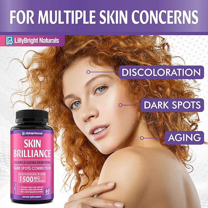 Glutathione Capsules - 1500mcg L-Glutathione Supplement with Vitamin C - Skin Tone Enhancer - Targets Dark Spots &amp Acne Marks - Antioxidant Supplement for Beauty &amp Health Support - 60 Skin Pi