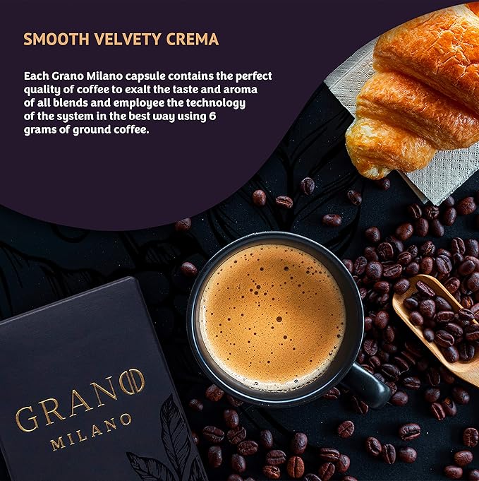 Grano Milano Lungo - 50 Espresso Pods Compatible with Nespresso Original line 100% Arabica Medium Roast - Intensity 7/12 Coffee Capsules Made in Italy Espresso Coffee
