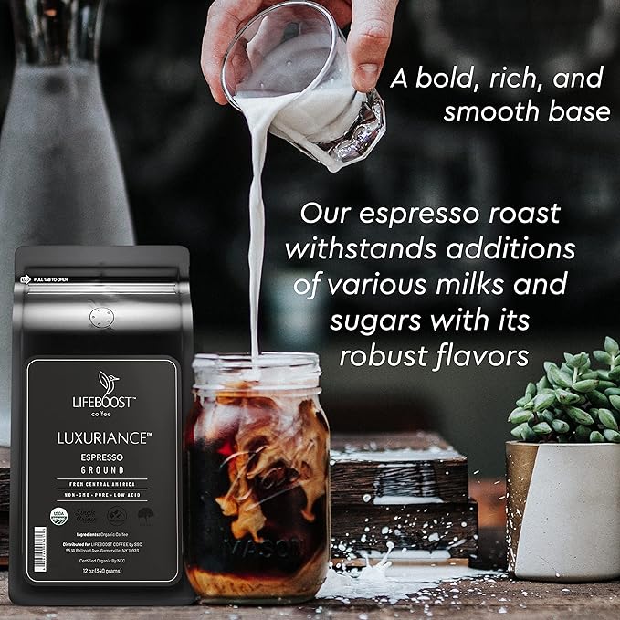 Lifeboost Organic Espresso Ground Coffee - Non-GMO Low Acid Single Origin USDA Shade Grown Organic Espresso Coffee - Third Party Tested For Mycotoxins &amp Pesticides 12oz Bag