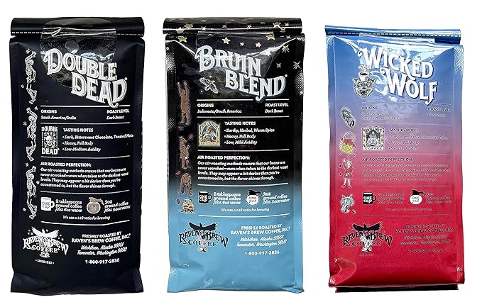 Raven's Brew Whole Bean Coffee Variety Pack - 3 Delicious Flavors - Double Dead Bruin Blend and Wicked Wolf - 12oz each