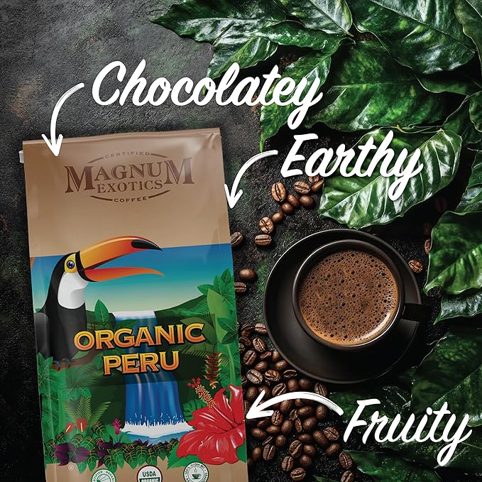 Magnum Exotics Organic Peru Blend Whole Bean Coffee - Coffee Beans Medium Roast Caffeinated Roasted Bulk Brew Rich &amp Smooth Flavor Fresh Roast -32 oz (2 lb) Bag