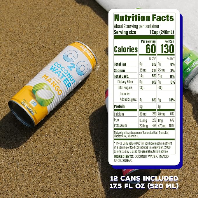 C2O - Coconut Water with Mango (12 Pack) - Made with Fresh Coconut Water - Plant Based - Non GMO - Canned Water - Natural Hydration Essential Electrolytes &amp Potassium - 12 Cans 17.5 FL OZ
