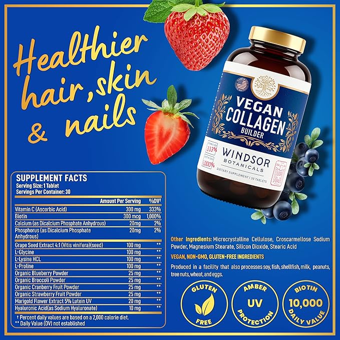 Vegan Collagen for Women and Men - Organic Superfood Amino Acids Glycine Lysine Proline for Healthy Skin Hair Nails - Plant-Based Collagen Booster Supplements - 60 Gluten-Free Vegetarian Pills