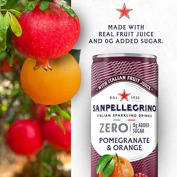 Sanpellegrino Zero Grams Added Sugar Pomegranate &amp Orange Italian Sparkling Drink 24 Pack Of 11.15 Fl Oz Cans Sanpellegrino Italian Sparkling Drinks Low-Calorie Fruit Juice Beverages