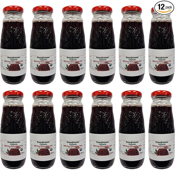 100% Organic Pomegranate Juice 6.7 Oz Glass Bottle (12 Pack) No Sugar No Artificial Colors No Preservatives No Flavors Added Gluten Free and Kosher