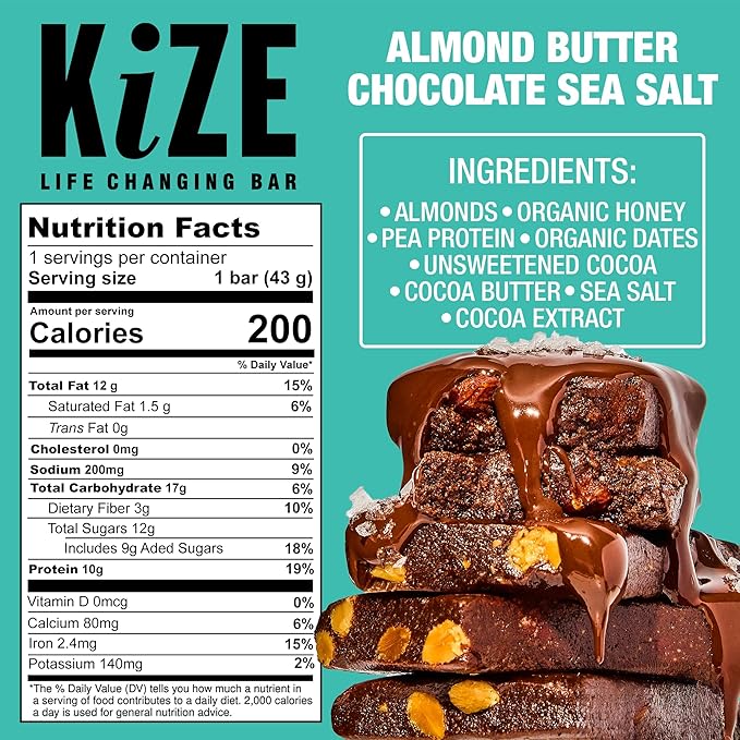 KiZE Energy Bars - Almond Butter Chocolate Sea Salt - Gluten Free Dairy Free Non-GMO &amp High Protein Meal Replacement Energy Bars Clean Food Ingredients - 10g High Protein Snacks (20 Count)