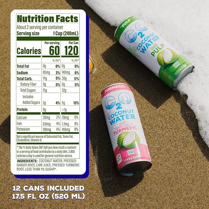 C2O - Coconut Water with Ginger Lime &amp Turmeric (12 Pack) - Made with Fresh Coconut Water - Plant Based - Non GMO - Canned Water - Natural Hydration Electrolytes &amp Potassium - 12 Cans 17.
