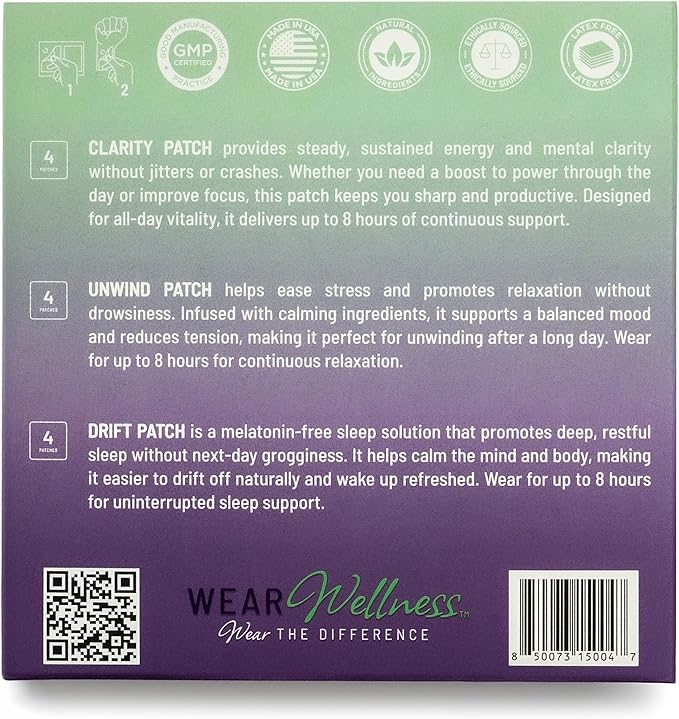 All Day Trio - Unwind Drift &amp Clarity Film Patches - Topical Patches for Calm Focus &amp Sleep Support - Long-Lasting Effect – 12 Pack