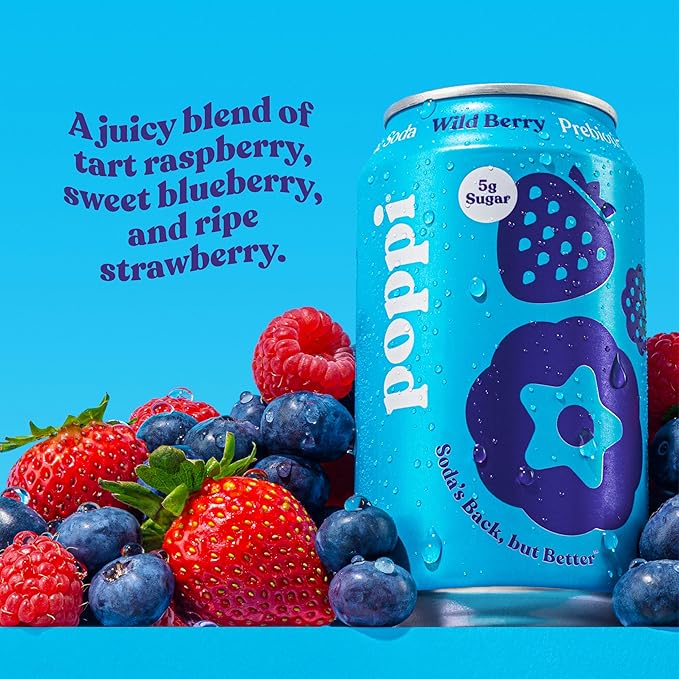 Poppi Sparkling Prebiotic Soda Beverage with Apple Cider Vinegar Seltzer Water and Fruit Juice Wild Berry Flavor 12 oz Pack of 12 Packaging May Vary.