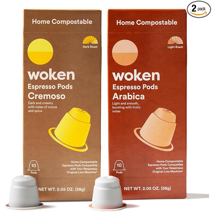 WOKEN COFFEE Compostable Nespresso Pods | Mixed Collection | Arabica Cremoso Light &amp Dark Roast | Roasted USA | Compatible With Nespresso Original Machines | Eco-Friendly Biodegradable Coffee C