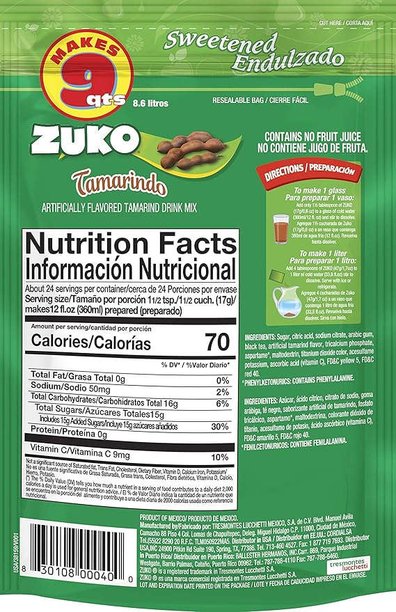 Zuko Tamarindo Instant Powder Drink | Family Pack | No Sugar Needed | Vitamin C | 14.1 Ounce (Pack of 6)