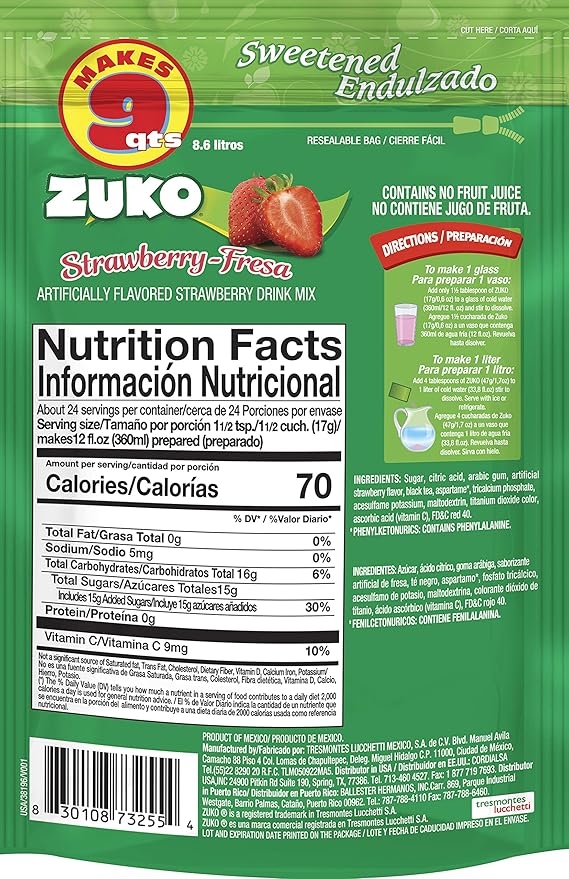 Zuko Strawberry Instant Powder Drink | Family Pack | No Sugar Needed | Vitamin C | 14.1 Ounce (Pack of 6)