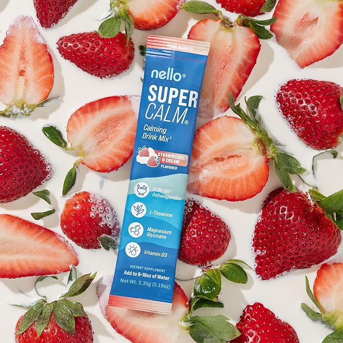 Nello Supercalm Drink Mix - Strawberries &amp Cream and Orange Creamsicle Ashwagandha KSM 66 Magnesium Glycinate &amp L-Theanine Supplement - Focus and Relaxation Support (2 x 20 Travel Packets)