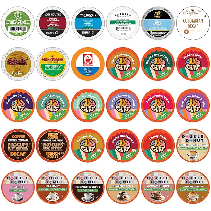 Decaf Coffee Pods Variety Pack Sampler Assorted Unflavored &amp Flavored Coffee Pods Compatible with Keurig K Cups Brewers Decaffeinated Coffee Capsules 30 Count - No Duplicates (Pack of 1)