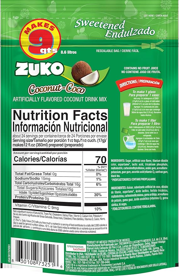 Zuko Coconut Instant Powder Drink | Family Pack | No Sugar Needed | Vitamin C | 14.1 Ounce (Pack of 6)