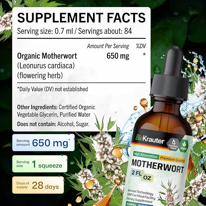 BIO KRAUTER® Perimenopause &amp Menopause Supplements for Women* - Vegan Motherwort Tincture 2 Fl.Oz 28-Day Supply for Natural Calm &amp Women's Wellness - Alcohol &amp Sugar Free - 650 mg per Serv