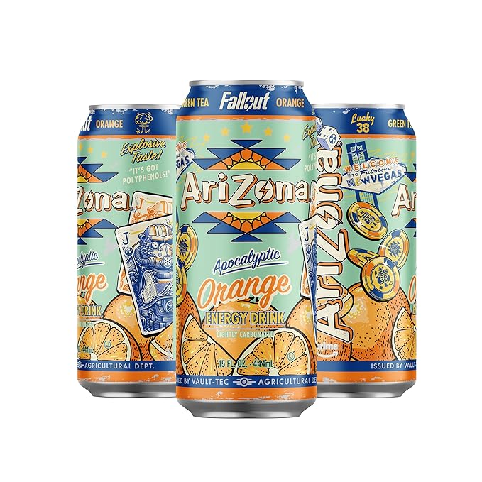 AriZona x Fallout Orange Green Tea Energy Drink 15 fl oz (Pack of 12) - 190mg Caffeine per Can