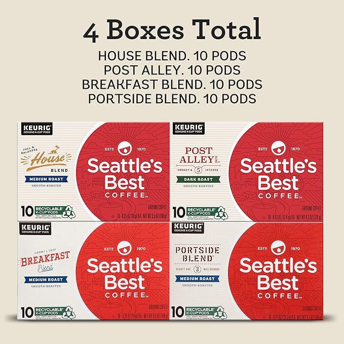 Seattle's Best Coffee K-Cup Coffee Pods Variety Pack Dark and Medium Roast Keurig Brewers 100% Arabica 4 Boxes (40 Pods Total)