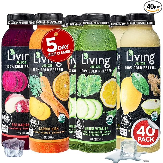O2 Living Juice Cold Pressed Drink - 5-Day Organic Juice Cleanse Pack - No Added Sugars or Water Natural Sweetness from Fruits Rich in Nutrients &amp Vitamins - Refreshing &amp Non-GMO - 40 Pack