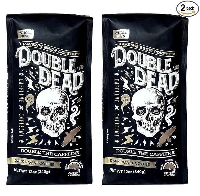 Raven's Brew Coffee High Caffeine Coffee Dark Roast Whole Bean – Double Dead 2-pack of 12oz