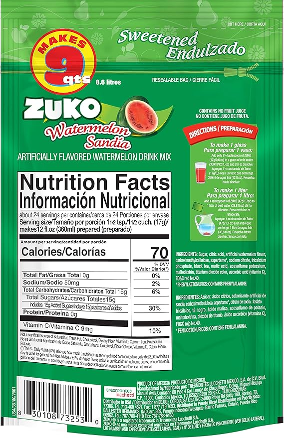 Zuko Watermelon Instant Powder Drink | Family Pack | No Sugar Needed | Vitamin C | 14.1 Ounce (Pack of 2)