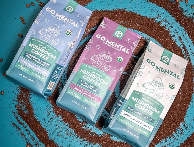 Organic Mushroom Coffee 3 Bag Gift Box Set Lion's Mane &amp Chaga Red Reishi &amp Chaga Decaffeinated Turkey Tail &amp Cordyceps Immune Support &amp Overall Wellbeing Dark Roast 36oz Ground