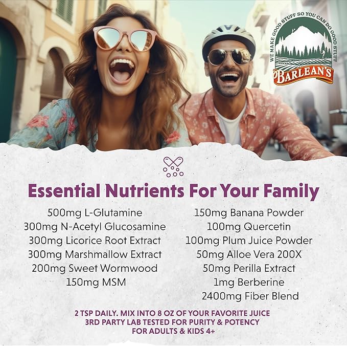 Barlean's Gut Health Powder Intestinal Repair Fiber and Digestive Support Blend for Men and Women Mixed Berry Drink Mix 6.35 oz