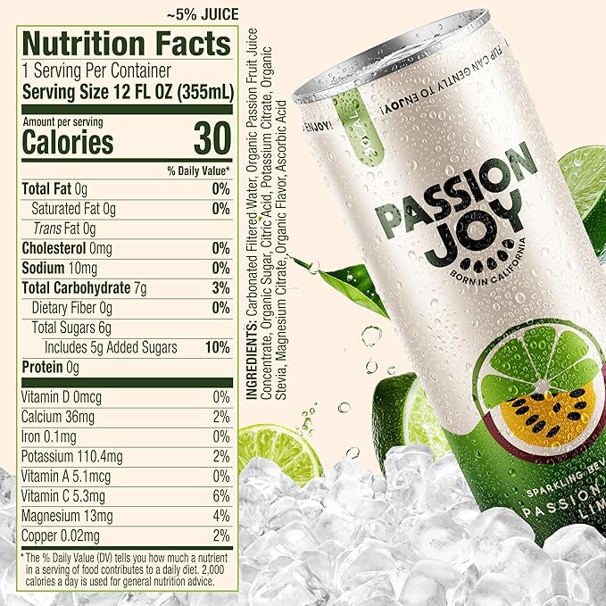 Passion Joy Organic Soda – Passion Fruit &amp Lime 12 oz Slim Cans (Pack of 12)