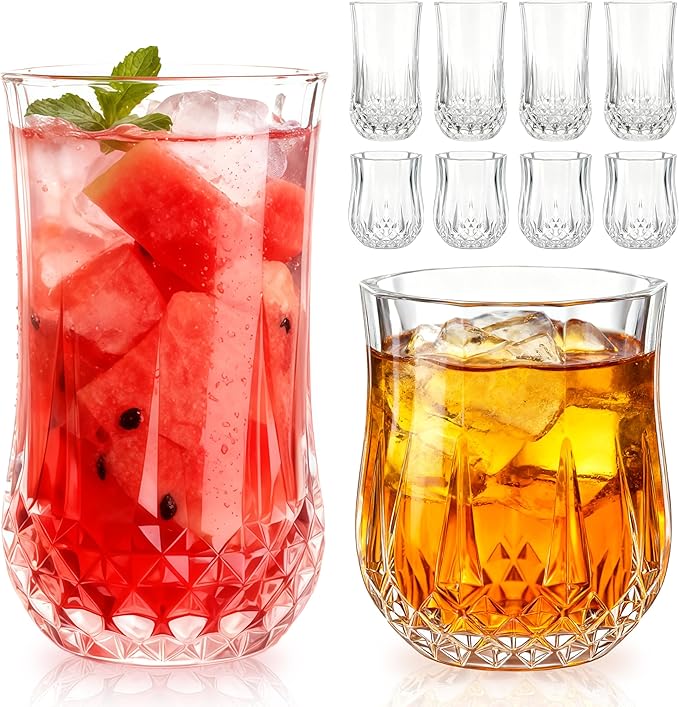 Ruckae Drinking Glasses Set of 811 oz and 7 oz Kitchen Water Glass Cups SetClear Curvature Glassware Dishwasher SafeMixed Drinkware for BeerJuiceCocktailWhiskeyMilk and Various Mixed Drinks