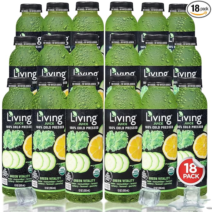 O2 Living Juice Cold Pressed Drink - Green Vitality Organic Juice Pack - No Added Sugars or Water Naturally Sweetened from Fruits Rich in Nutrients &amp Vitamins - Non-GMO - 12 fl oz - 18 Pack