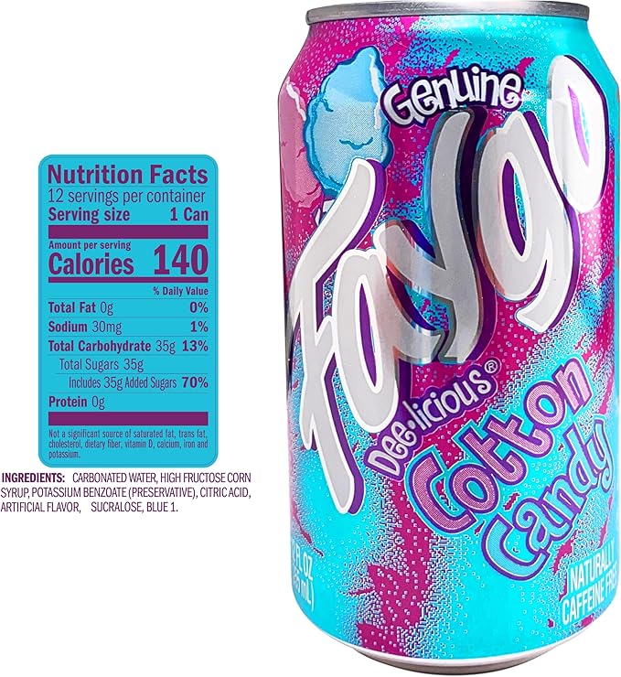 Faygo Cotton Candy Soda | Sweet Carnival Treat in a Can | 12-Pack of 12oz Cans | Vibrant Caffeine-Free Soft Drink Bursting with Classic Blue Cotton Candy Flavor