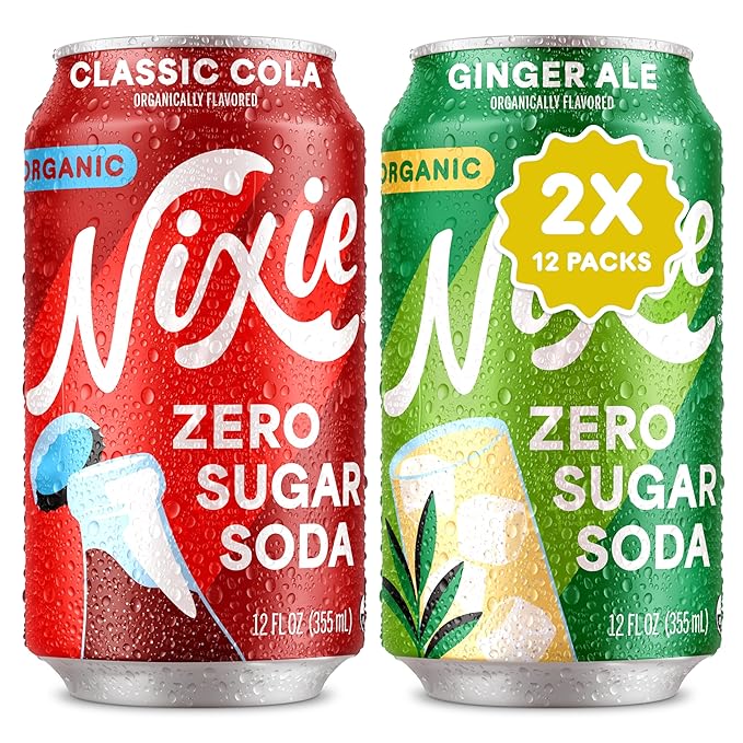 Nixie Organic Zero Sugar Soda Classic Cola &amp Ginger Ale 0 Sugar 0 Calories Healthy Soda Pop Non-GMO 12oz Cans (24 Pack)