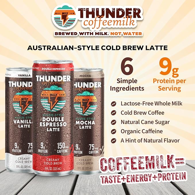 Thunder CoffeeMilk - 11 oz Aussie Style Cold-Brewed Latte Canned Coffee Iced Coffee Cans for Grab &amp Go Natural Protein-Rich 75-150mg Caffeine Energy Drink in Handy Cold Brew Cans 12 Variety Pac