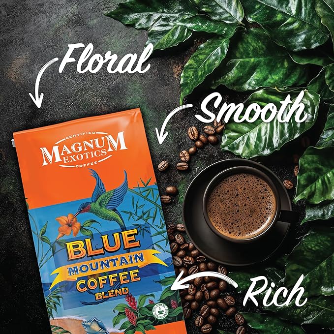 Magnum Exotics Coffee Blue Mountain Blend - Medium-Light Roast Whole Bean Made from 100% Arabica Beans Rich &amp Smooth Flavor Fresh Roast - Blue Mountain Blend 2 Lb Bag (32 oz)