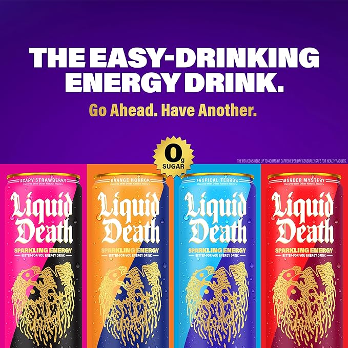 Liquid Death Sparkling Energy - Murder Mystery (Cherry Cream Spice) Zero Sugar Energy Drink Unextreme Caffeine 100mg Essential Vitamins 12 Fl Oz (Pack of 12)