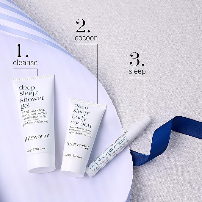 thisworks Sleep Retreat Box Gift Set: Deep Sleep Pillow Spray Body Moisturizer and Shower Gel. Travel set to Promote Sleep with Lavender Camomile and Vetivert