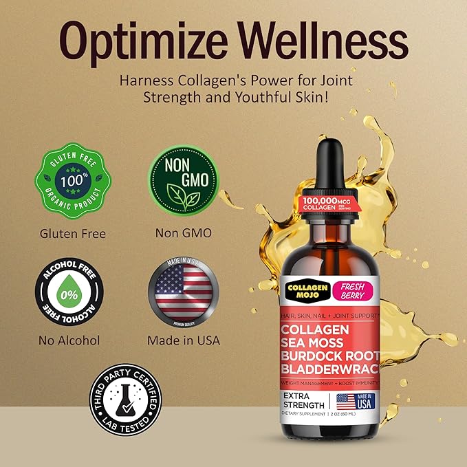 Collagen Mojo - Liquid Collagen for Women &amp Men Collagen Peptides with Sea Moss Burdock Root &amp Bladderwrack - Hair Skin Nails Joint Support Weight Management High Absorption - 100000mc