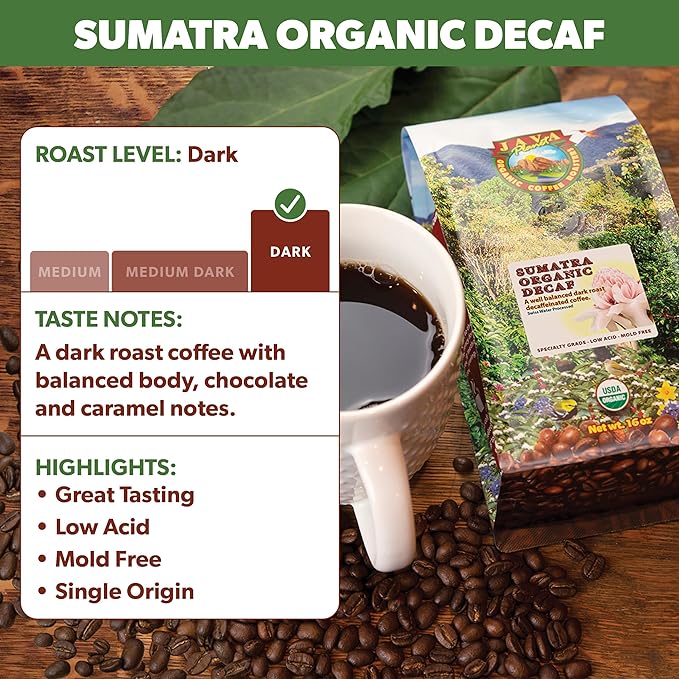 Low Acid Organic Coffee – Whole Bean Mold-Free &amp Stomach Friendly by Java Planet Sumatran Single Origin Decaf Coffee Dark Roast Smooth Full Flavored 5LB Bag
