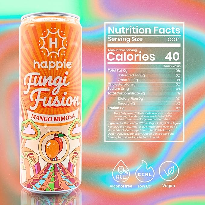 Happie Fungi Fusion Mango – Sparkling Adaptogen Drink with Lion’s Mane Cordyceps &amp Red Reishi – Plant-Based Nootropic 40 Calorie Zero Sugar Added Vegan Functional Soda Alternative (12 pack)