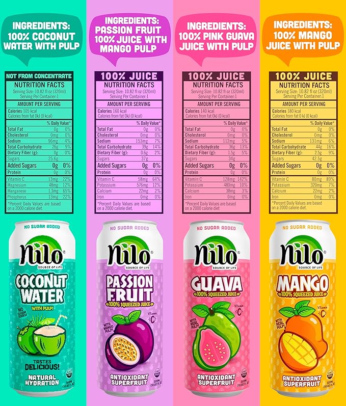 NILO Variety Pack | 100% Squeezed Juice Guava Mango Coconut Water Passion Fruit | NO Sugar added | NON GMO | NOT From Concentrate | 10.82 oz (Pack of 12)