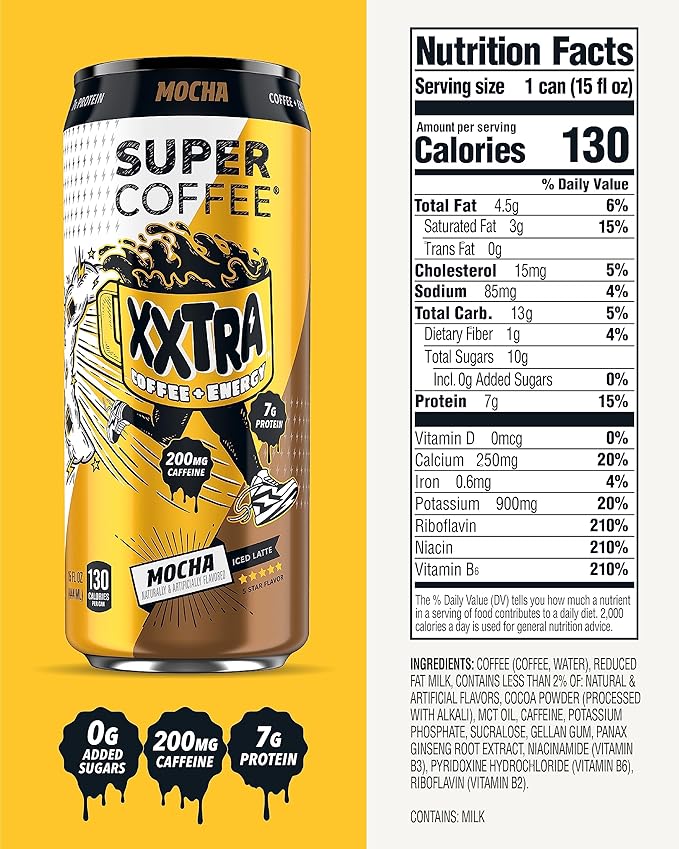 Super Coffee XXTRA Keto Protein Coffee (0g Added Sugar 7g Protein 130 Calories) [Mocha] 15 Fl Oz 12 Pack | Iced Smart Coffee Drinks - SoyFree GlutenFree