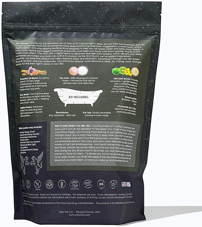 Insomniac Sleep Bath Kit – Nighttime Detox Soak with Magnesium Salts Essential Oils Bath Bomb and More Luxury Bath Experience Single Use – Sleep Support &amp Relaxation Ritual by Salty Tub