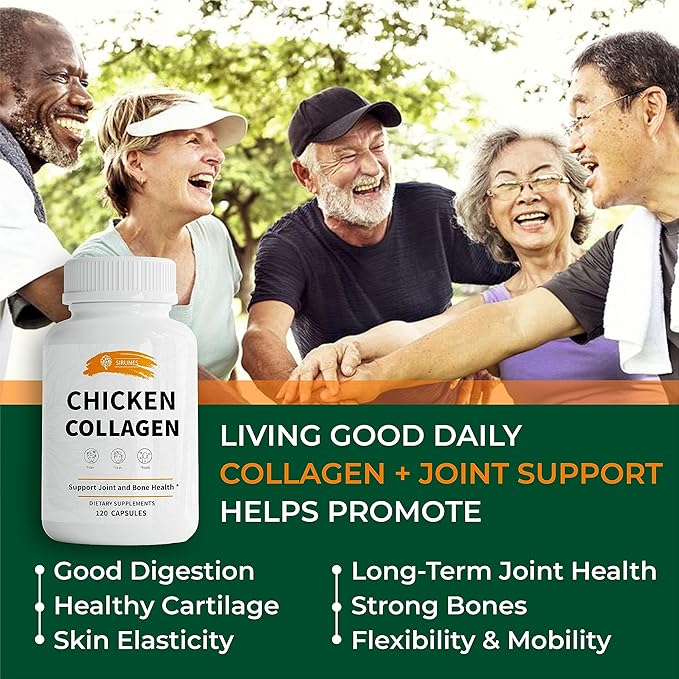 SIRUNES Chicken Collagen Capsules - Type II Collagen Nutritional Supplement for Joint Skin &amp Bone Support - Non-GMO Anti-Aging Dietary Supplements with Hydrolyzed Collagen Peptides - 120 Capsule