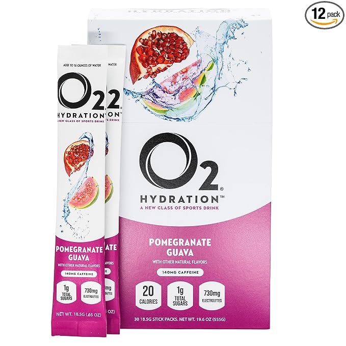 O2 Pomegranate Guava Electrolyte Drink Mix - Single-Serve Hydration Powder Packets - Great Tasting Low Sugar Recovery Drink