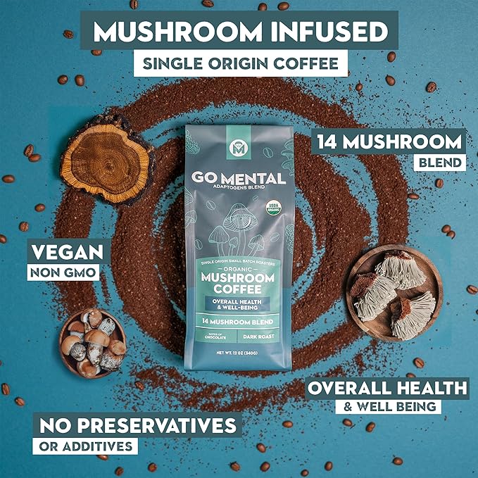 Organic 14 Mushroom Coffee Blend Dark Roast Organic Lion's Mane Chaga Red Reishi and more Chocolate Notes Enhances Overall Health Immune Support And Wellbeing Ground 12 oz Bag