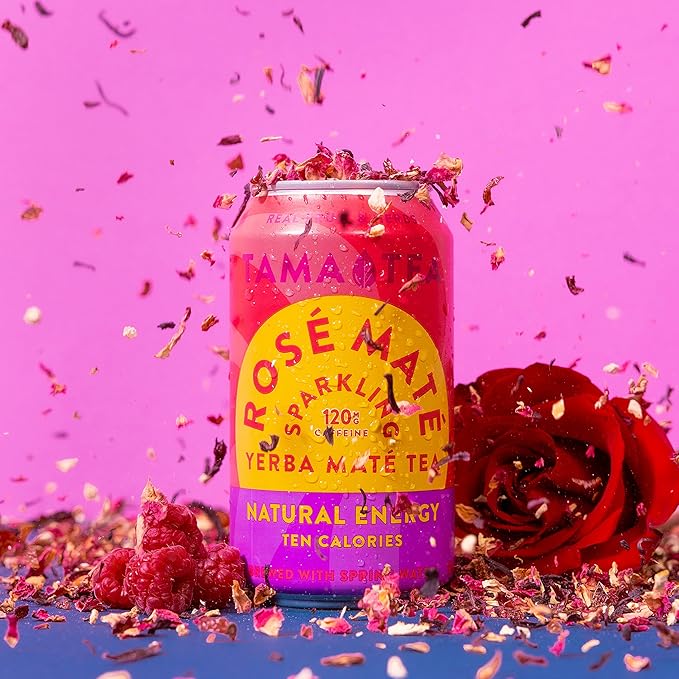 Organic Sparkling Rosé Yerba Mate Tea Unsweetened by Tama Tea - Sugar Free Energy Drink Alternative 120mg Natural Caffeine 12 oz (12-Pack)