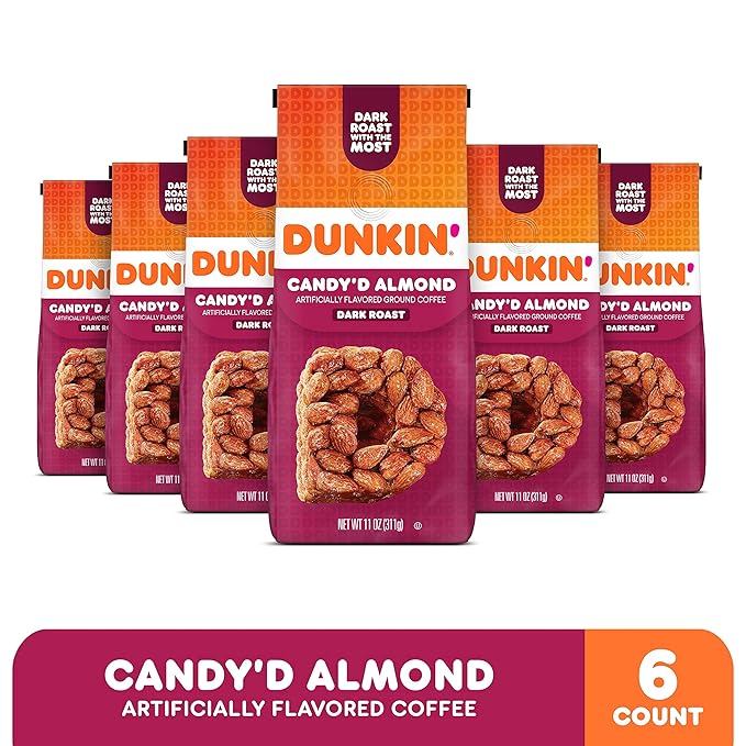 Dunkin' Candy'd Almond Flavored Dark Roast Ground Coffee 11 Ounce (Pack of 6)