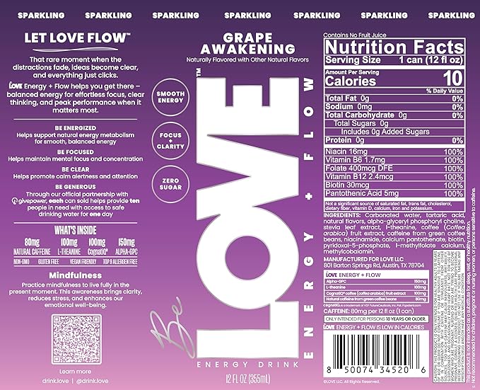Be LOVE Energy + Flow – 80mg Natural Caffeine L-Theanine &amp Alpha-GPC for Clean Calm Focus – Zero Sugar Low Calorie 100% DV B-Vitamins – Non-GMO Vegan – 12 fl oz (Pack of 12) (Grape Awakening)